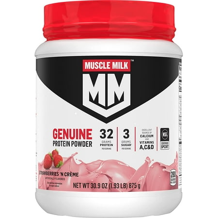 Muscle Milk Genuine Protein Powder, Strawberries ‘N Crème, 1.93 Pounds, 12 Servings, 32g Protein, 3g Sugar, Calcium, Vitamins A, C & D, NSF Certified for Sport, Energizing Snack, Packaging May Va