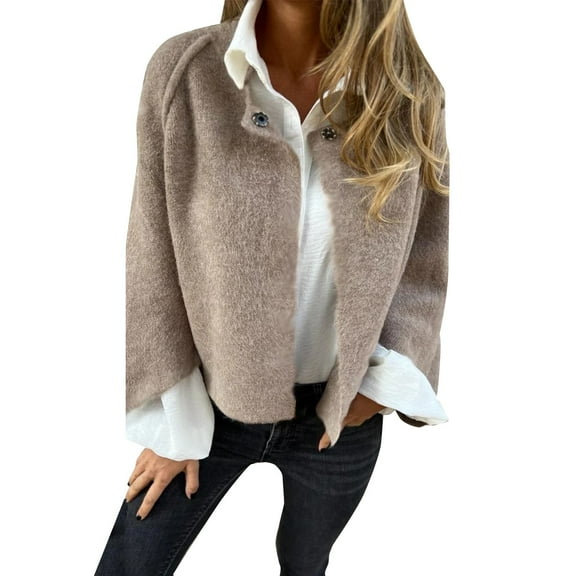 CILENON Women's Fall and Winter Loose Short Long Sleeved Coat Casual Jackets for Women Winter(Khaki,S)