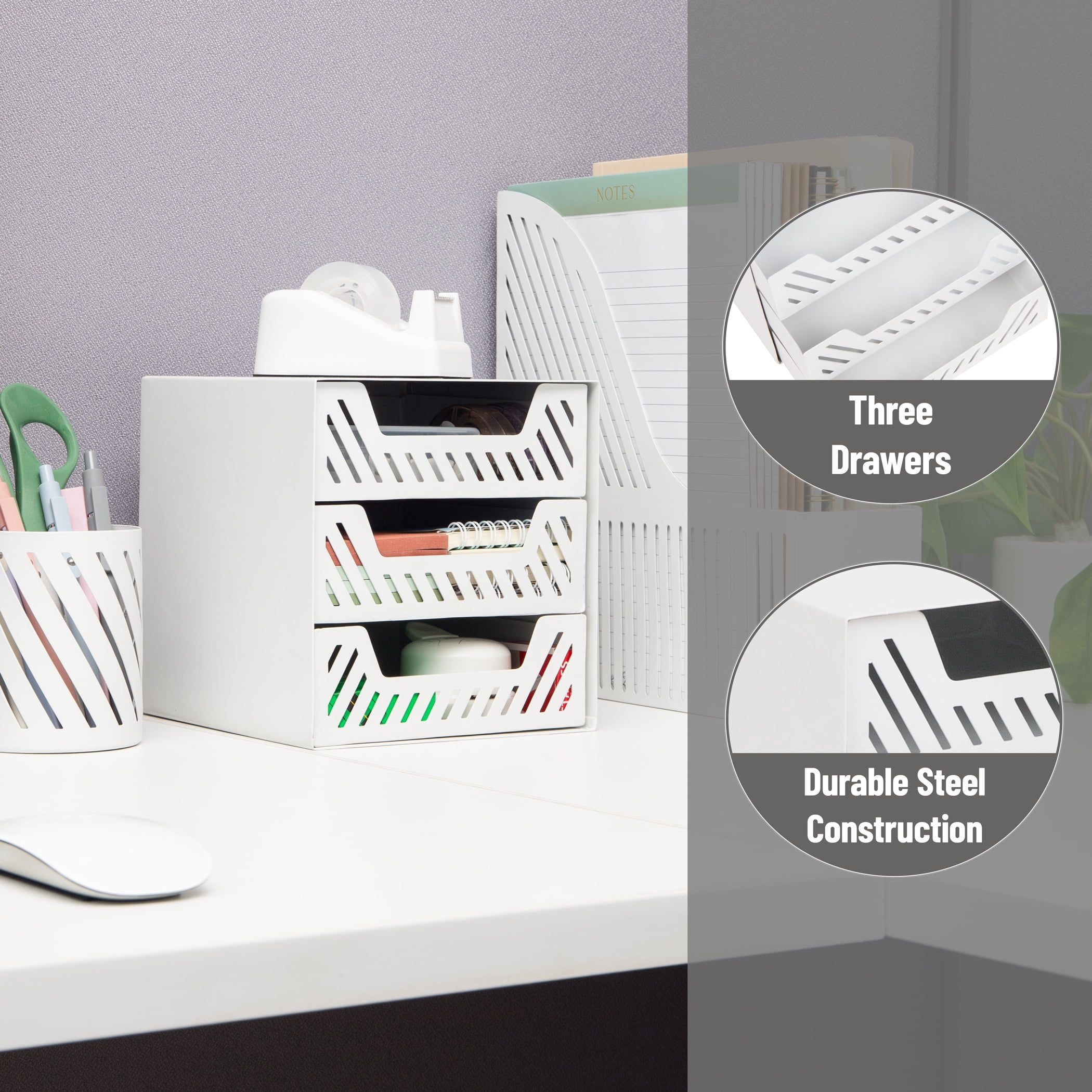 Mind Reader White 3-Drawer Metal Desktop Organizer