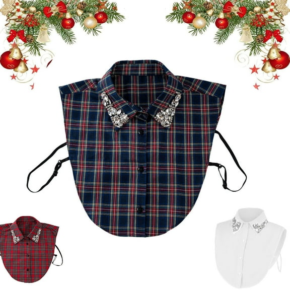 Red Christmas Plaid Rhinestone Detachable Collar, Half Shirt Blouse False Collar, Red Christmas Plaid Rhinestone Detachable Collar, 2026 Christmas Sparkle Half Top Mock Blouse Collar