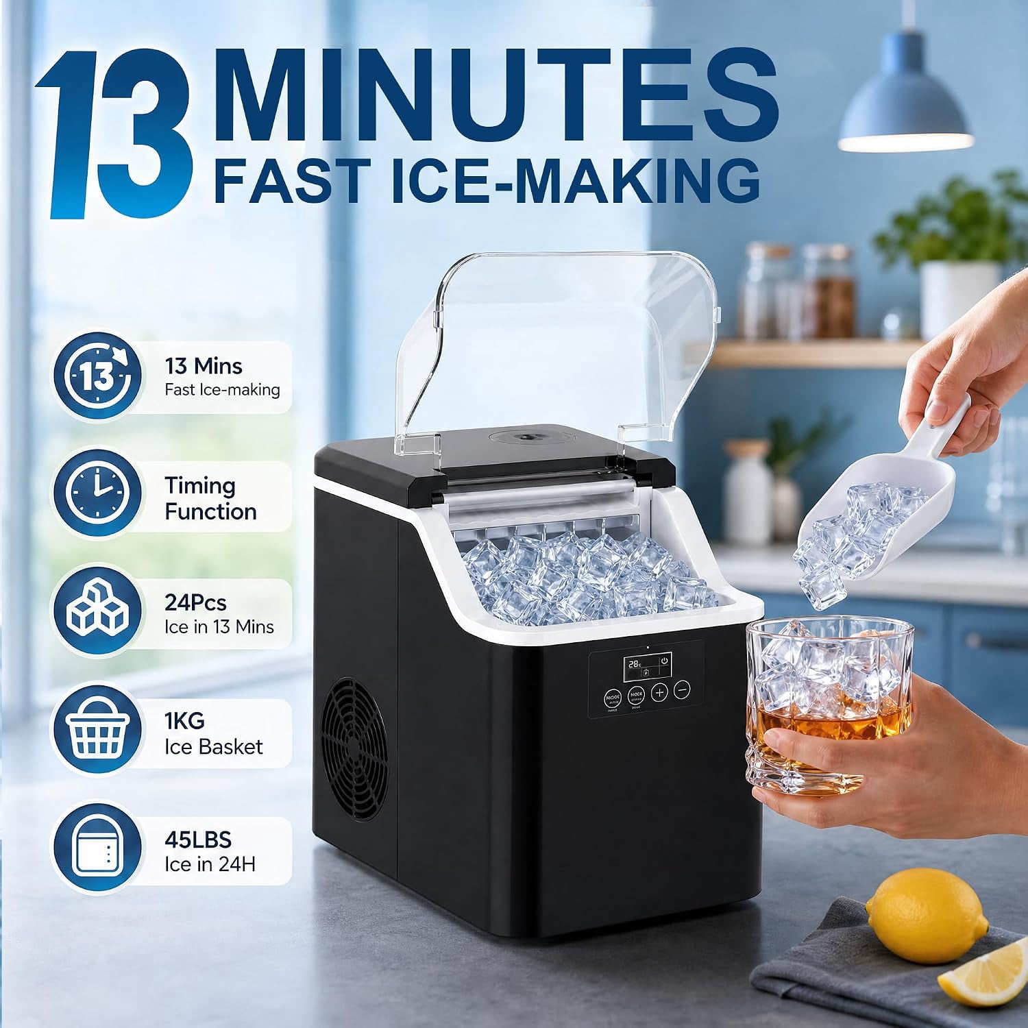 Countertop Square Ice Cube Maker Machine 45lbs/Day, 24 Cubes Per Cycle 6-13 Mins Fast Ice, Timer Auto Self Clean Manual & Auto Water Connect for Home Bar Office