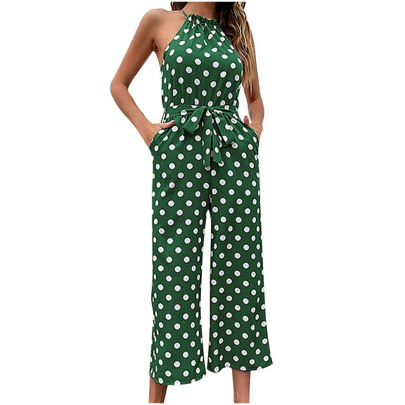 SELONE Jumpsuits for Women Dressy Casual Short Summer Suspender Bandage Long Pant Ladies Travel Comfortable 2023 Vacation Fancy Jumpsuits for Women Jumpers and Rompers Casual Wave Point Green S