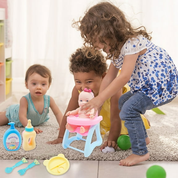 WICVIK Miniature Crib Doll Playsets, Plastic Pink, 7 Piesec