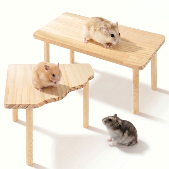 2 Pcs Hamster Platform Set, Natural Pine Wood Cage Accessories for Syrian Dwarf Hamsters, Rectangular and Fan Shaped Stand