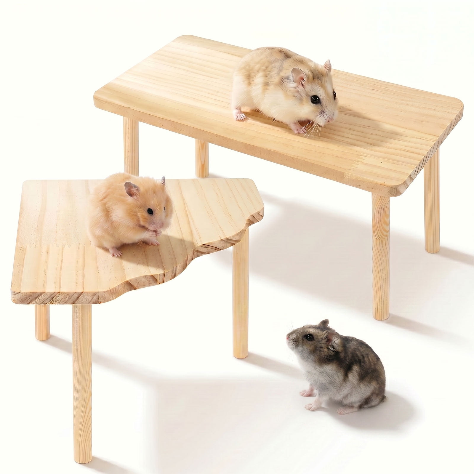 2 Pcs Hamster Platform Set, Natural Pine Wood Cage Accessories for Syrian Dwarf Hamsters, Rectangular and Fan Shaped Stand