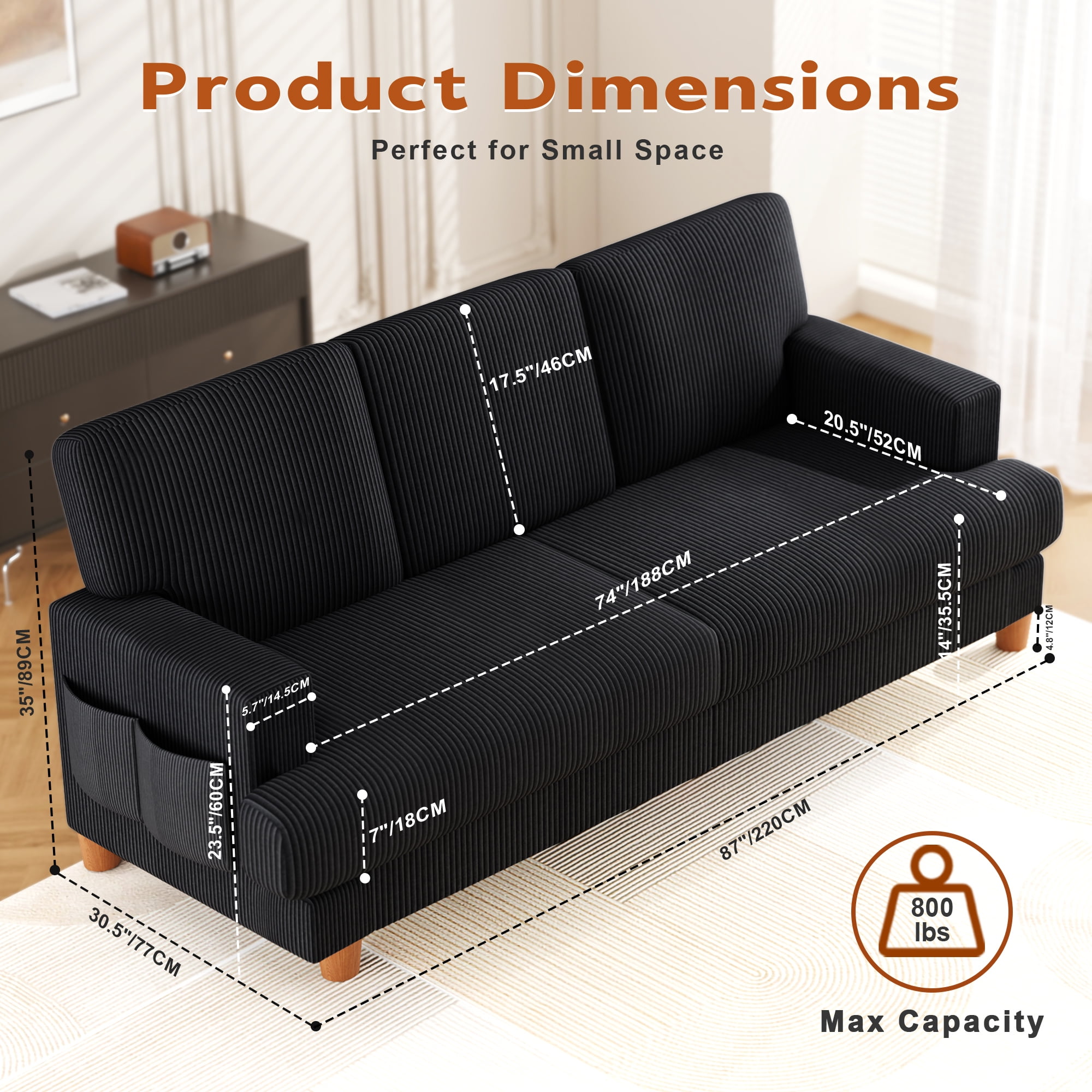 AAQZ 87" Corduroy Sofa Couch for Living Room, 3 Seater Deep Seat Comfy Couch in a Box, 2 Cushions, 2 Pillows Tool-Free Setup,Black