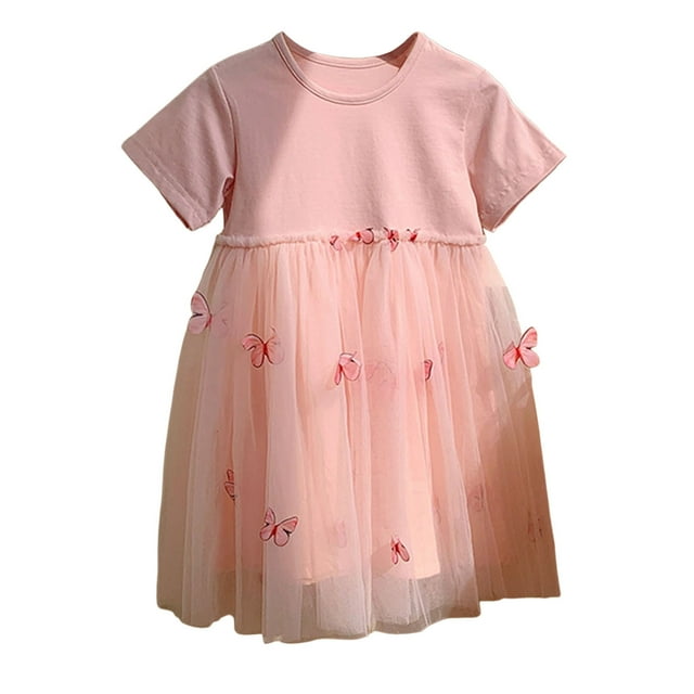 Robe d'Été pour Filles Jupe en Tulle Broderie Papillon Manches Courtes Robe Princesse Robes Filles Rose 6 Ans-7 Ans