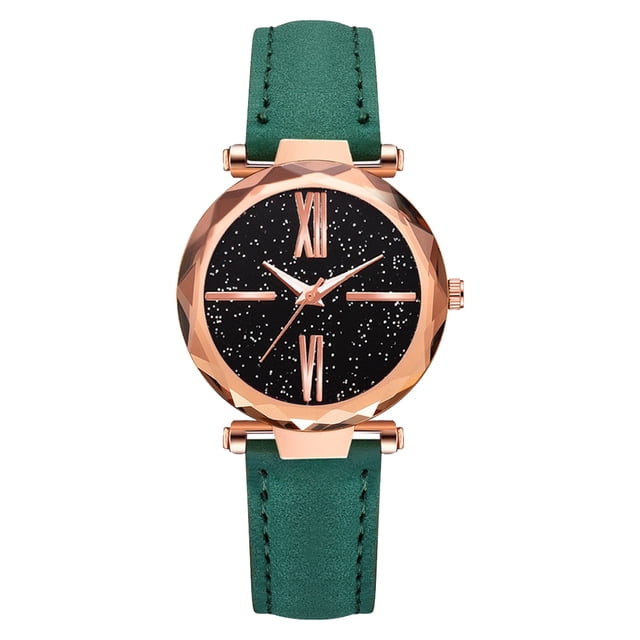 Reloj de pulsera de cuarzo romano con correa de PU de aleación para mujer con esfera de cielo estrellado de moda (verde)