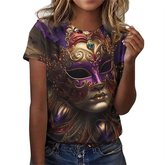 ICHUANYI Women's T-shirt Mardi Gras Fashion Casual Short Sleeve Crew Neck Tops Cloth New Trending