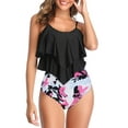 thumbnail image 1 of Seyurigaoka 2 Pcs Women’s Summer Tankini Set, Flower / Solid Color Ruffle Camisole + Printed High Waist Bikini Thong, 1 of 8