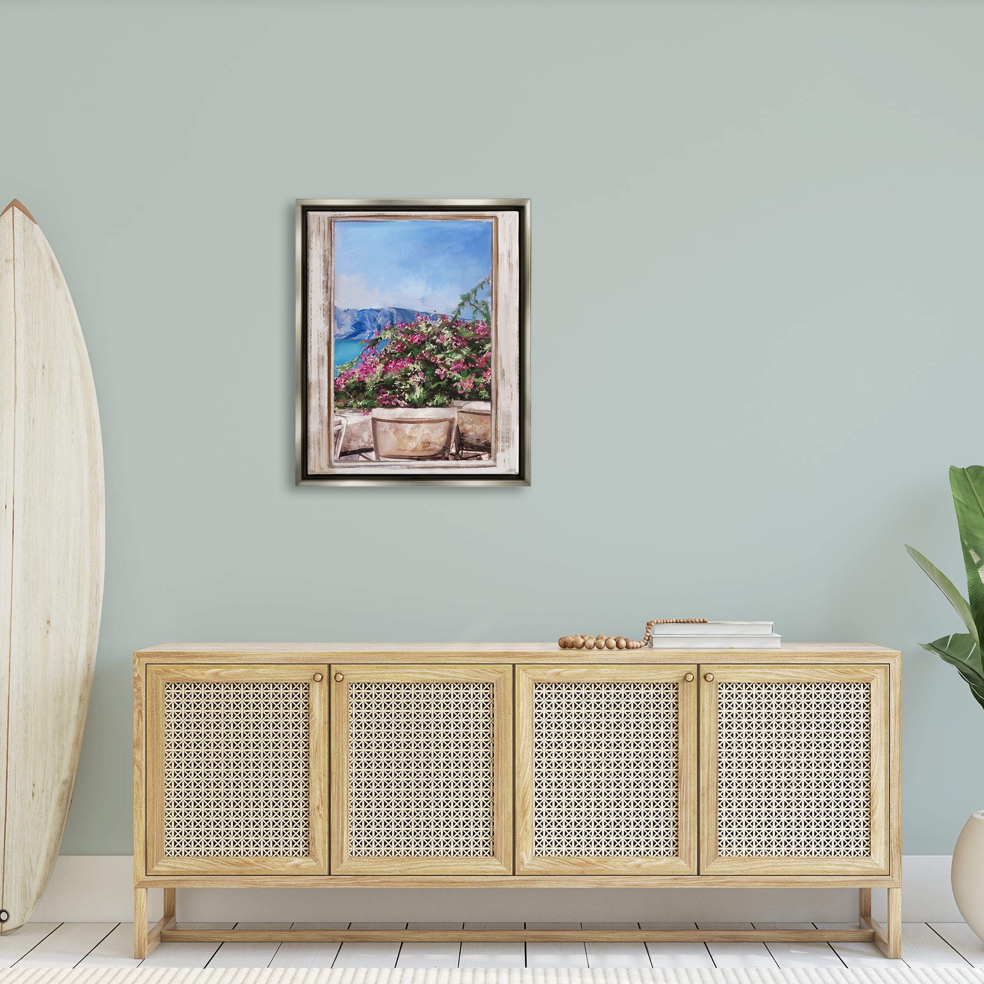 Stupell Industries Through Window View Seaside Flower Garden Scene Painting Luster Gray Floating Framed Canvas Print Wall Art, Design by Ziwei Li