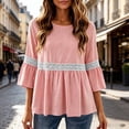 thumbnail image 3 of Lenpel 3/4 Length Sleeve Womens Tops Cotton Linen Crew Neck Fashion Peplum Blouses Casual Loose Eyelet Lace Patchwork Shirts Fall Clothes, 3 of 7