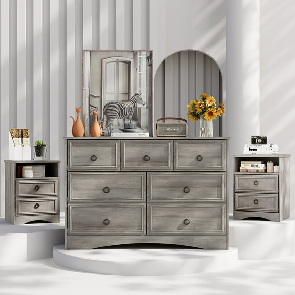 Holliwill Dresser Nightstands Set, 3 Pieces Bedroom Furniture Set, Wide 7 Drawer Dresser and 2 Drawer Nightstand, Grey