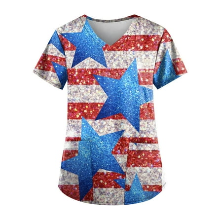 

Apepal Women Print Short Sleeve V-Neck Scrub Tops Working T-shirt