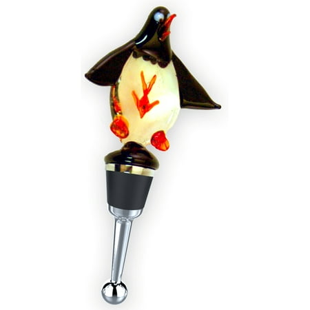 Penguin With Red Fish Glass Wine Bottle Topper