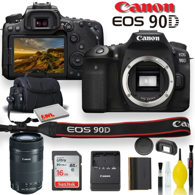 Canon EOS 90D DSLR Camera with Canon EF-S 55-250mm f/4-5.6 IS STM Lens, Soft Padded Case, Memory Card, and More