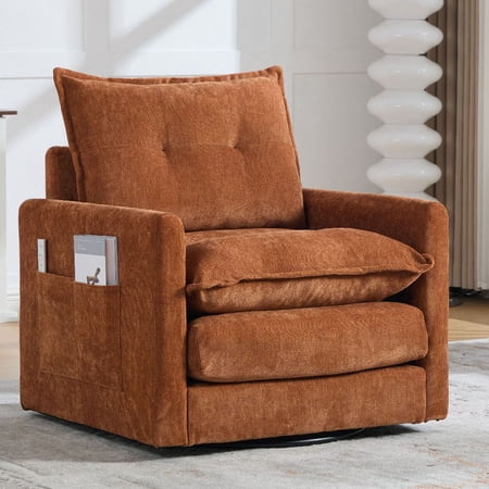 S-HOME Solid Metal Base Swivel Accent Chair with Thick Padding and Ergonomic Design for Living Room or Bedroom Brown