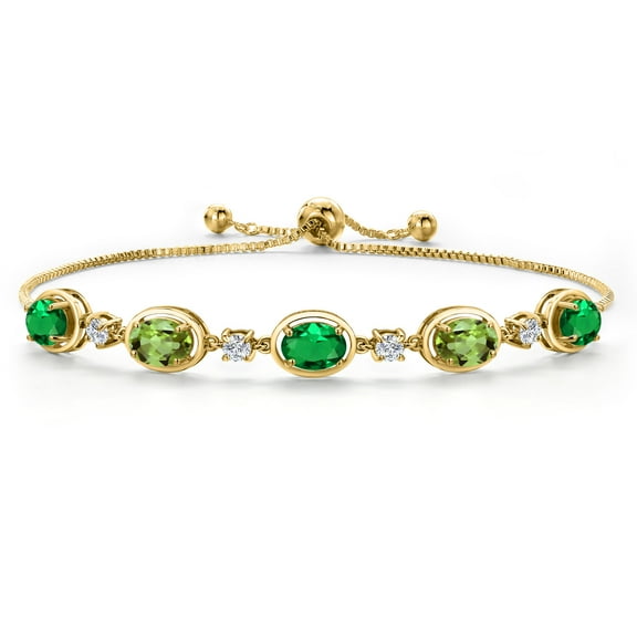 Gem Stone King 18K Yellow Gold Plated Silver Green Nano Emerald and Green Peridot Bracelet for Women | 3.60 Cttw | Gemstone May Birthstone | Oval 7X5MM | Fully Adjustable 9 inch