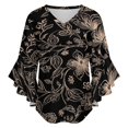thumbnail image 5 of Elegant Floral Black Background Design Women's V-Neck Blouse With 3/4 Ruffled Bell Sleeves Casual Top Ladies Blouses, 5 of 7