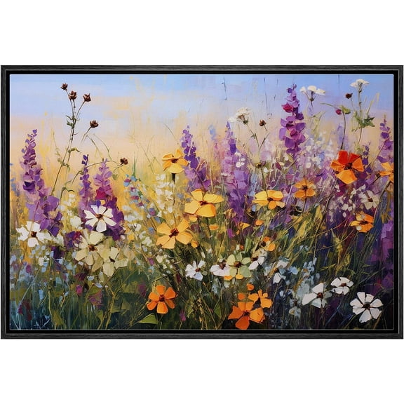 PixonSign Framed Canvas Print Wall Art Rustic Countryside Wildflower Garden Nature Wilderness Illustrations Modern Art Botanical Floral Farmhouse/Country Relax/Calm/Cozy for Bedroom - 24"x36" Black