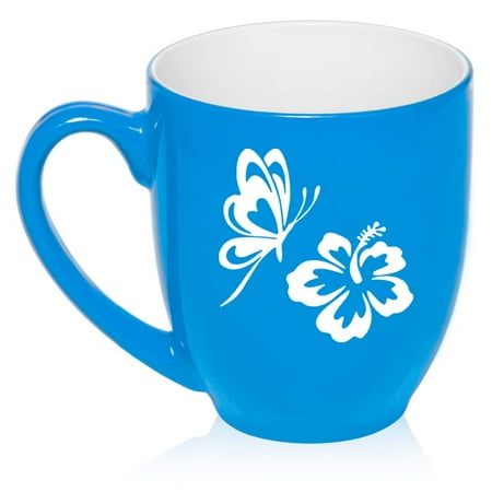 

Butterfly And Hibiscus Ceramic Coffee Mug Tea Cup Gift for Her Women Wife Girlfriend Best Friend Mom Aunt Grandma Daughter Graduation Birthday Housewarming Cute Flower (16oz Light Blue)