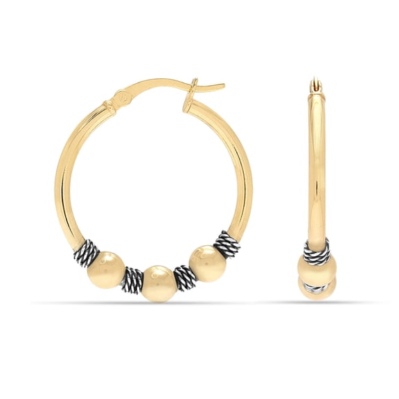 LeCalla 925 Sterling Silver Two-Tone Beaded Bohemian Bali Tribal Click-Top Hoop Earrings for Women Teen 25MM