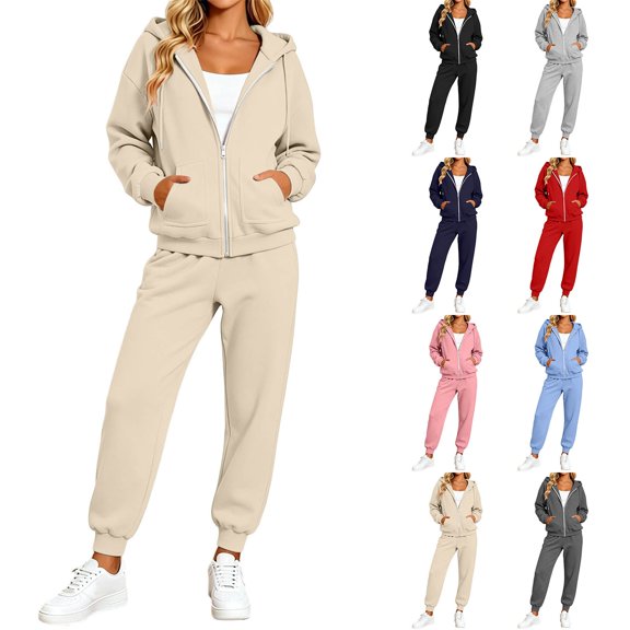 Women's Fleece Lined 2 Piece Tracksuit Zip Up Hoodie Jacket Jogger Pants Set Drawstring Waist Loose Fit Fall Winter Casual Loungewear Red