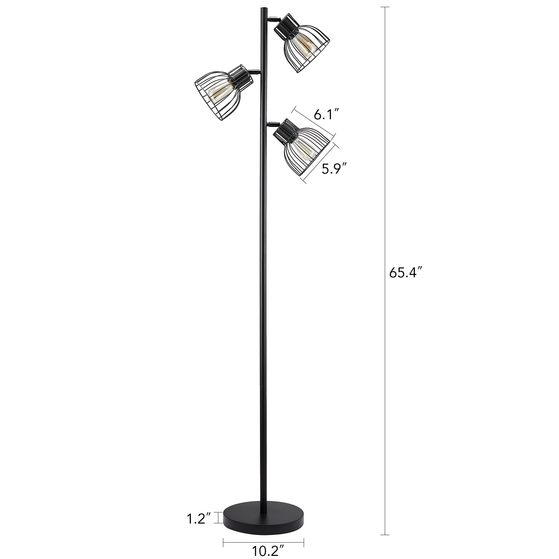 Bestco 5'5" Industrial Floor Lamp w Adjustable Metal Shades, 3 Bulbs Incl., Black