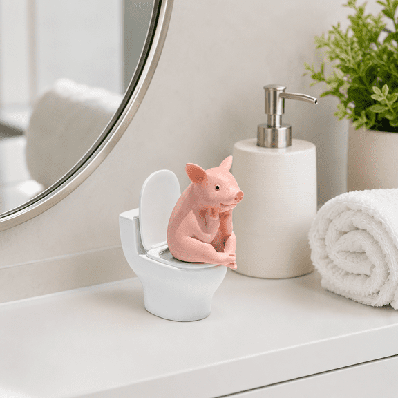 Funny Piggy Sitting on Toilet Figurine, Quirky Pink Resin Pig Statue for Bathroom Decor, Humorous Miniature for Home Office Desk Shelf, Wall-Mounted or Desktop Display