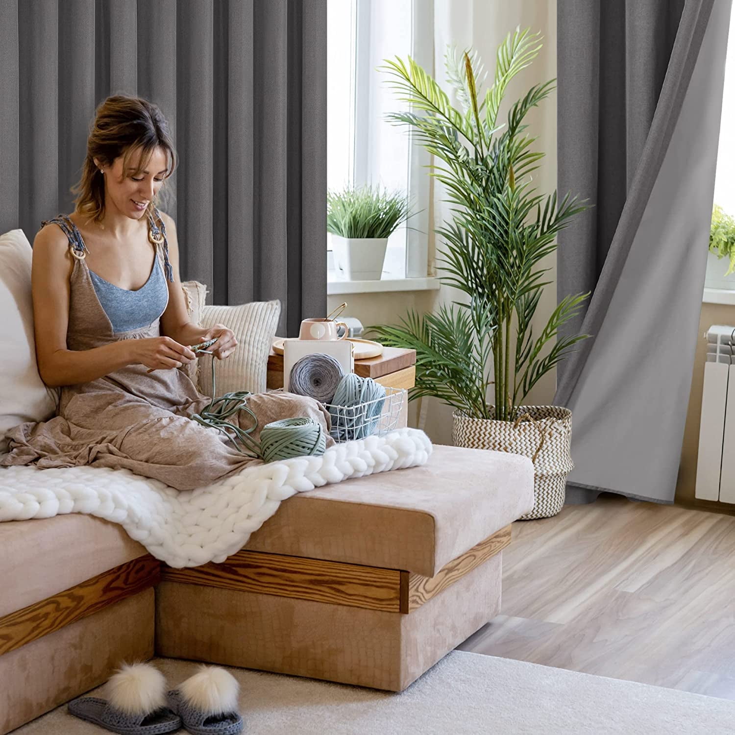 Deconovo 100% Black Out Window Curtains for Living Room 72 inch Length, Linen Textured Thermal Curtains for Living Room (Dark Gray, 52W x 72L inch)