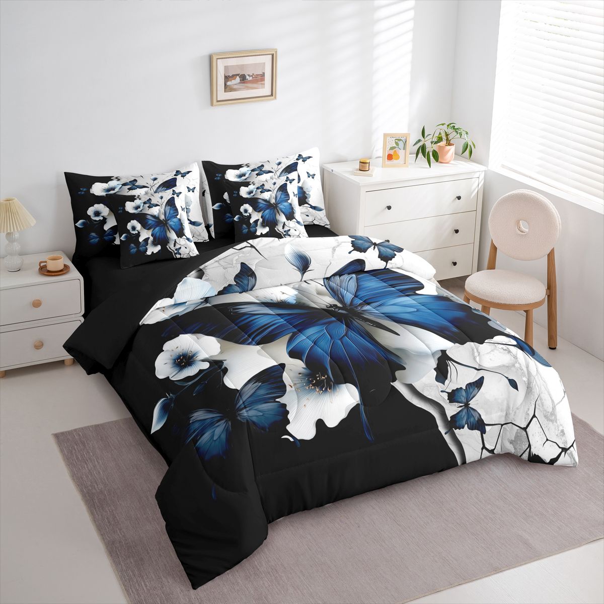 Homewish 3D Cartoon Butterflies 7 Pieces Bedding Comforter Set,Retro Rustic Floral Full Bedding Set,Blue White Black Fitted Sheet Flat Sheet For Girls Teens,Breathable Home Decor Reversible