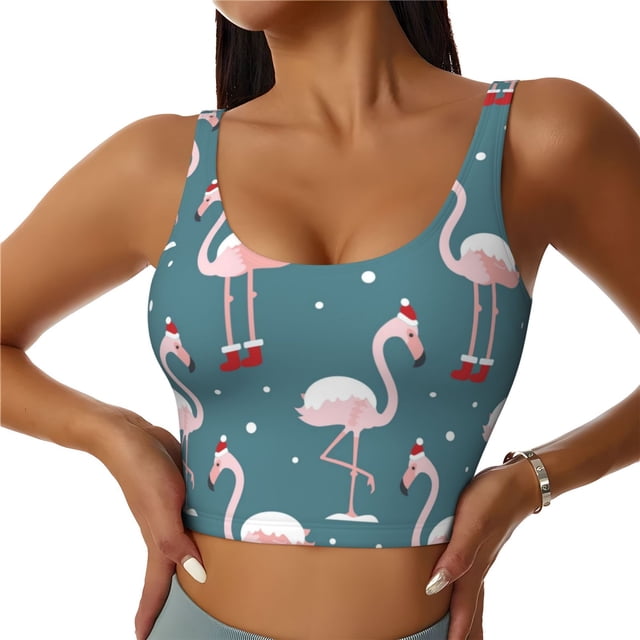 Fotbe Flamingo Sujetador Deportivo Largo sin Aros para Mujer con Almohadillas y Soporte Medio, Transpirable y Absorbente, Camiseta Tipo Chaleco o Tank Top-Medium