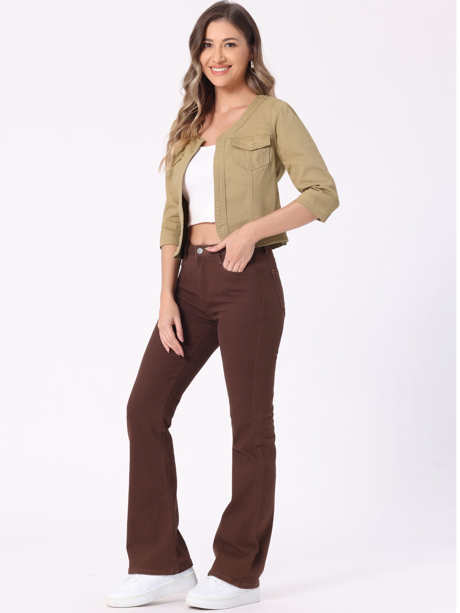 DARING DIVA Women's Collarless 3/4 Sleeve Open Front Denim Jacket XL Khaki