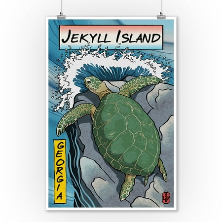 Georgia Set - Jekyll Island, Georgia - Sea Turtle - Woodblock Print - Lantern Press Poster (9x12 Art Print, Wall Decor Travel Poster)