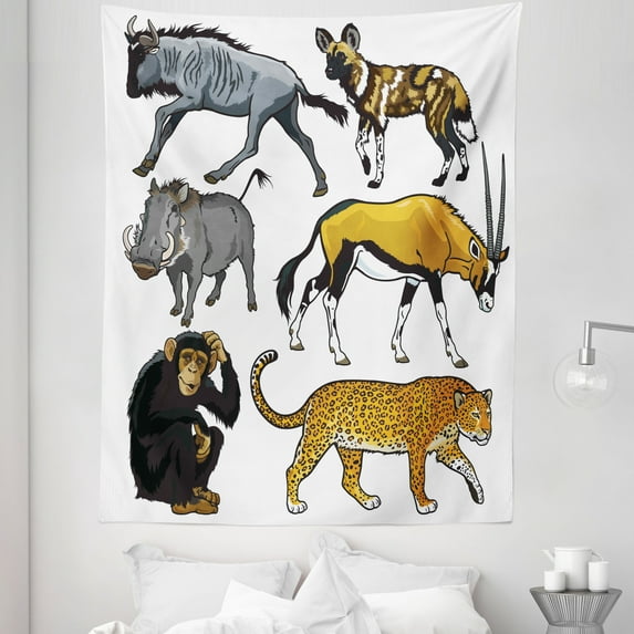 Zoo Tapestry, Arrangement of Cartoon Style Wild Animals of Africa Fauna Habitat Savannah Wilderness, Fabric Wall Hanging Decor for Bedroom Living Room Dorm, 5 Sizes, Multicolor, by Ambesonne