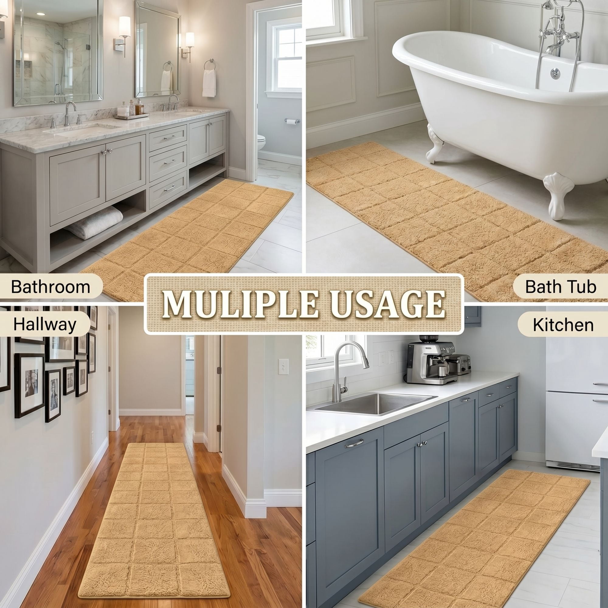 Superior Checkered Cotton Washable Non-Slip Bath Rug, Runner Size, Toast