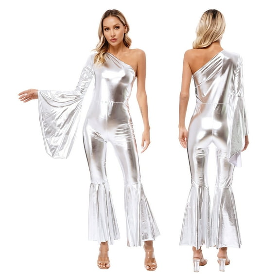 TiaoBug Women’s Flared Jumpsuits Pants Bell-Bottom Retro Shiny Metallic Rompers Disco Dancewear Silver One Size