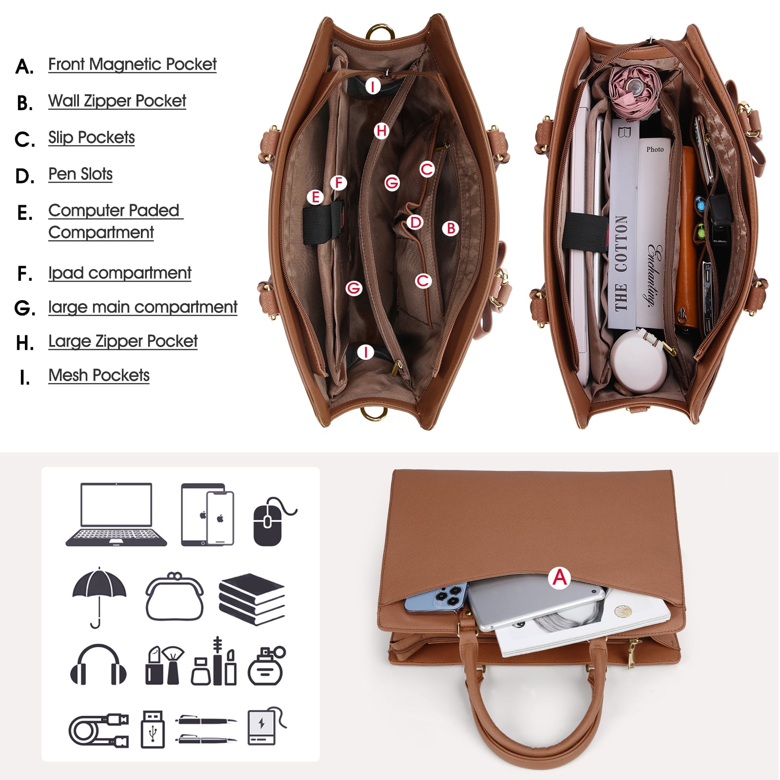 RAINSMORE Laptop Bag for Women 15.6 Inch Laptop Briefcase PU Tote Bag Waterproof Computer Tote Bag for Business Office Work Lightweight Shoulder Handbag,Dark Brown