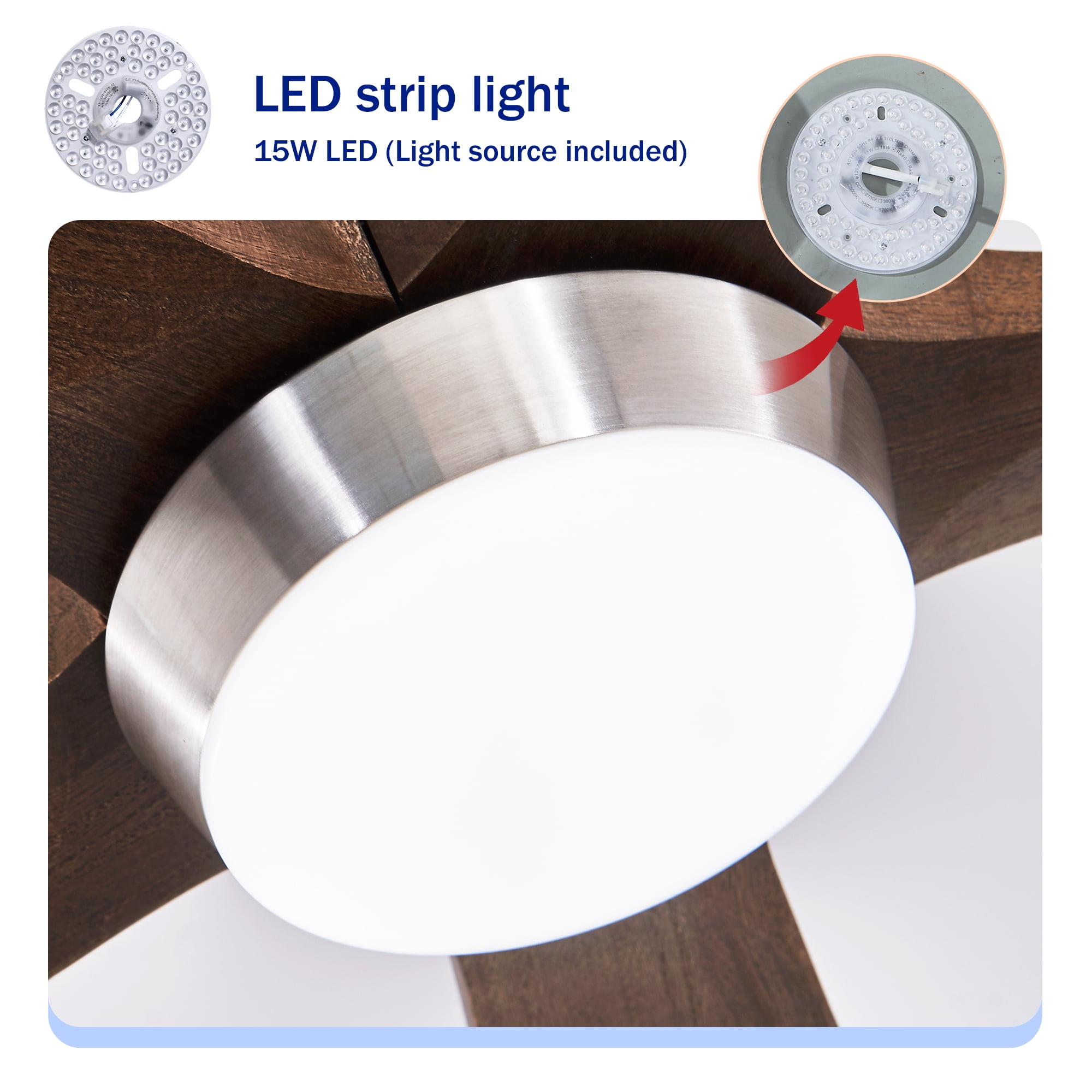 Leumius 52" Solid Wood Blades Ceiling Fan with Light and Remote Control,Quiet DC Motor 5 Blade Ceiling Fans 6 Speed Levels,Reversible for Patio Living Room Bedroom Office Nickel