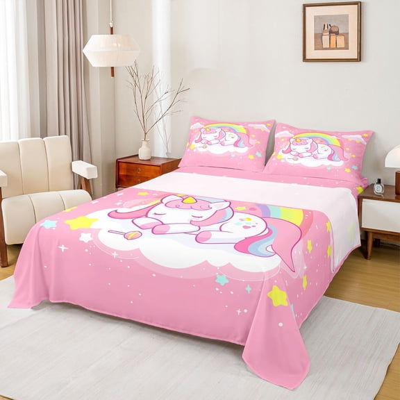 Feelyou Dreamy Unicorn Child Twin Sheet Sets, Cartoon Stars Rainbow Twin Fitted Sheet, Girly Pink Animal Flat Sheet, Lightweight Room Decor, 3 Pieces