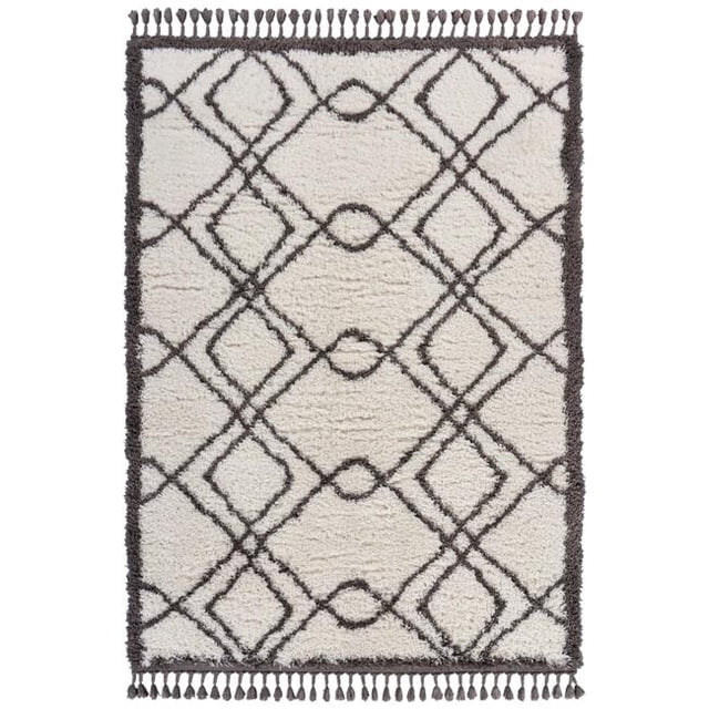 LR Resources OUTLA81526WLG5370 Bordered Geometric Fringe Rectangle Shag Rug Cream & Dark Gray - 5 ft. 3 in. x 7 ft.