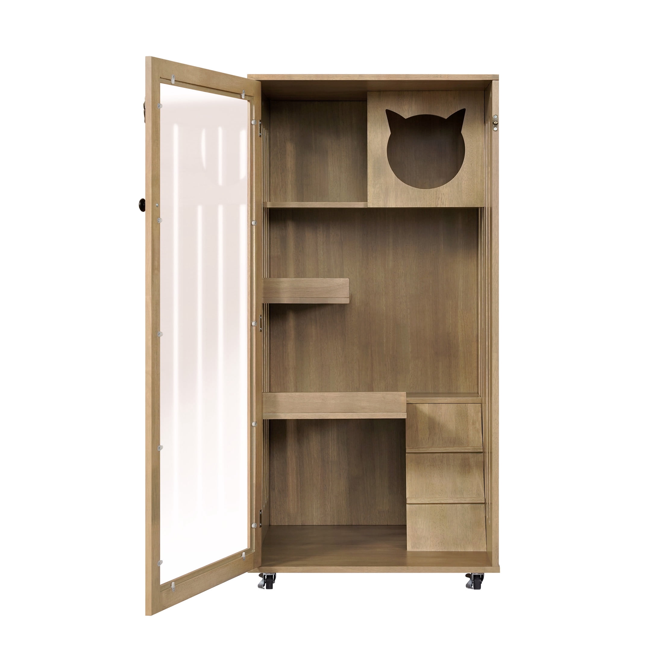 Christopher Knight Home Cat House Cabinet with Wheels & Door, Ventilated Indoor Pet Condo, Natural Beech