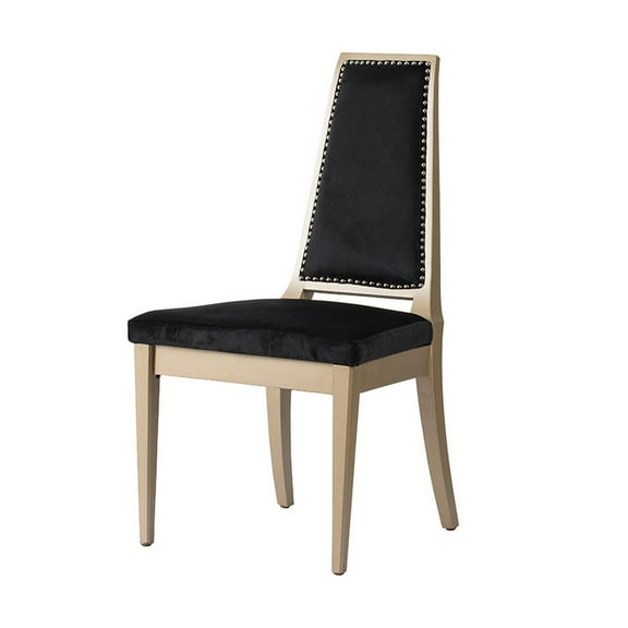 Benjara 23 Inch Side Dining Chair, Black Soft Velvet Upholstery, Beige Rubberwood