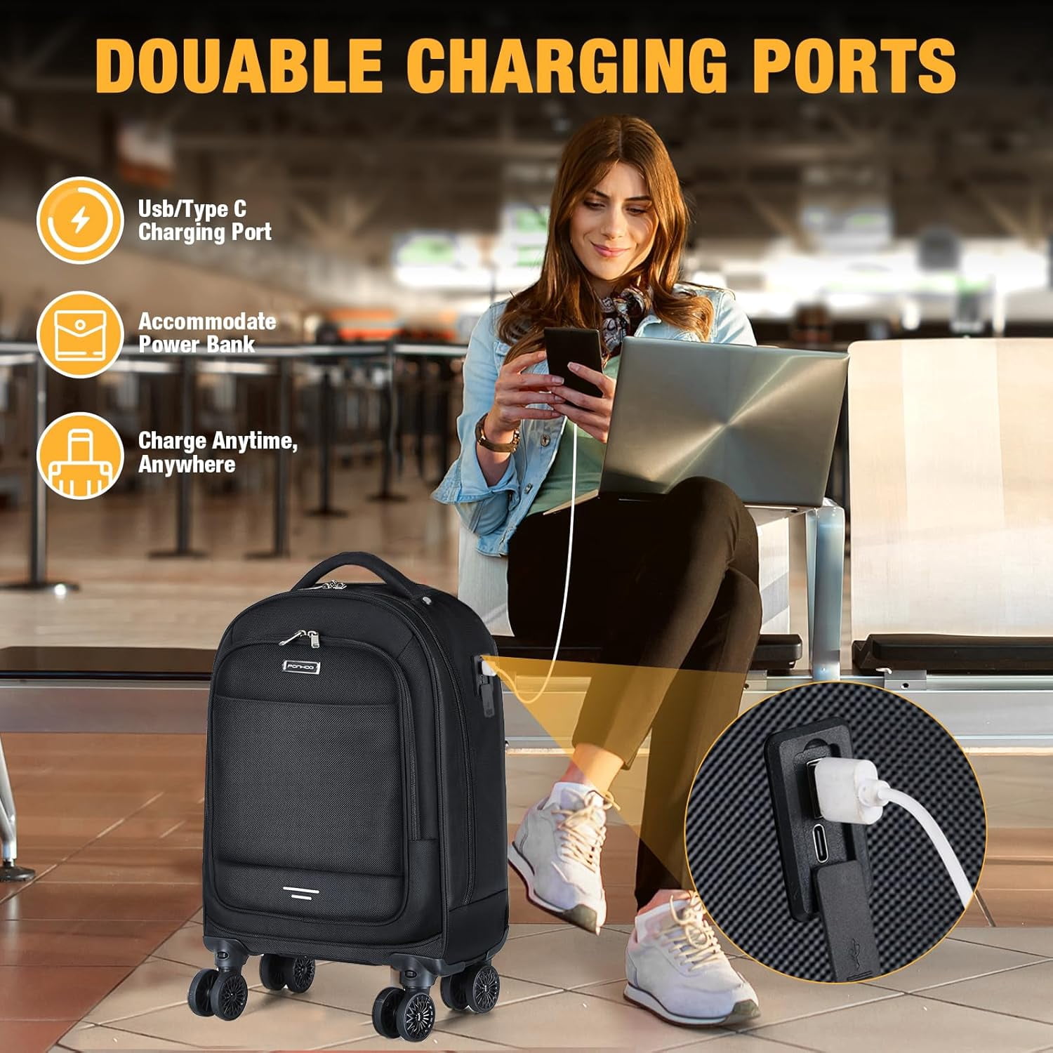 15.6 Inch Rolling Laptop Backpack - 4 Spinner Wheels Carry On Travel Bag, Wheeled Backpack for Women Men (Overnight/College/Work, Black)