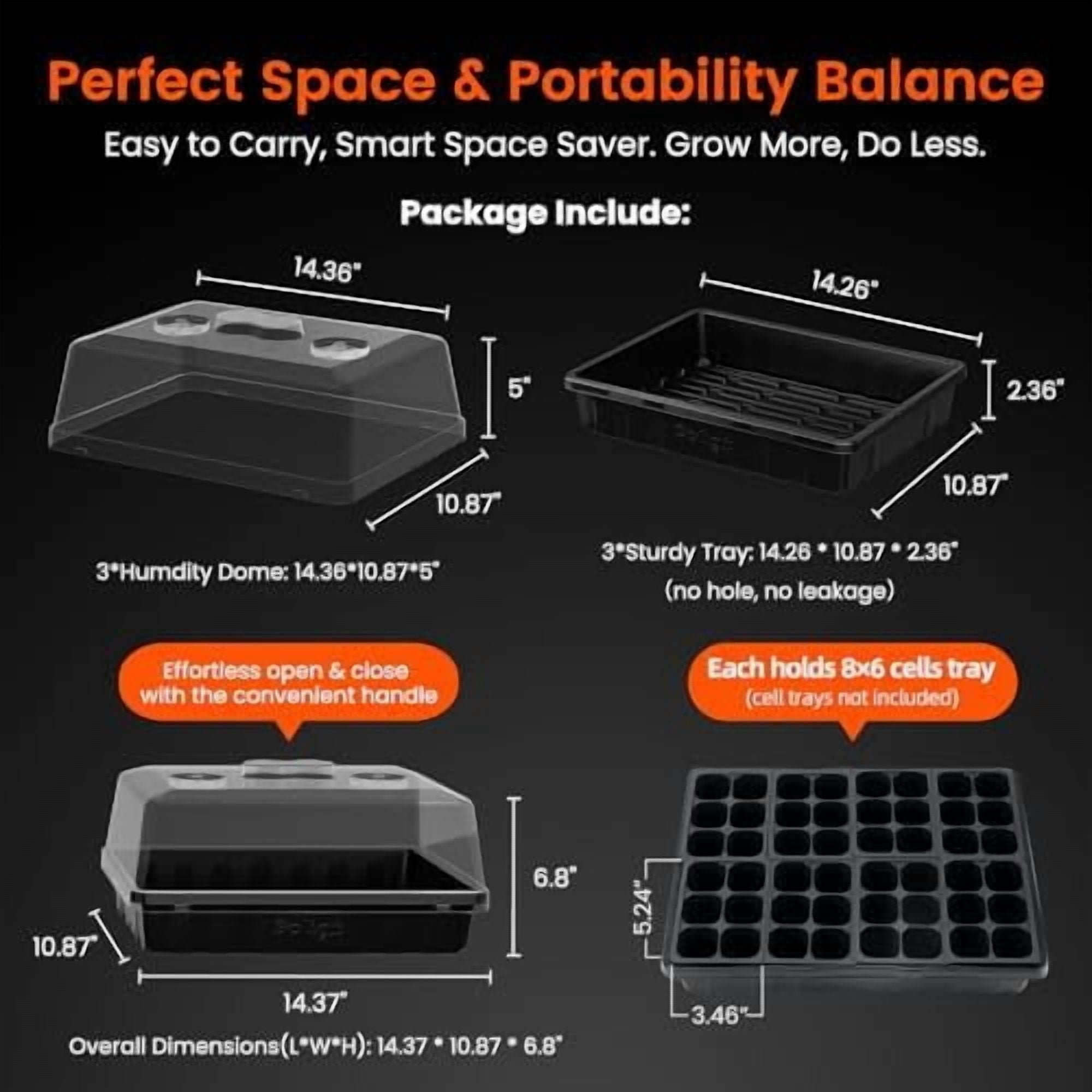 RibRave [Thick Plastic] 3-Set Strong Seed Starter Trays with 5" Humidity Domes for Seed Starting, Germination, Seedling Propagation & Plant Growing, Holds 144 Cells in Total