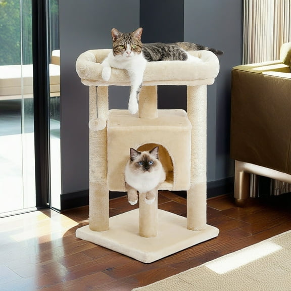 Demi Bonn 28" Multi-Level Cat Tree Tower Cat Condo with Scratching Posts, Jump Platform Top Perch and Dangling Ball, Beige