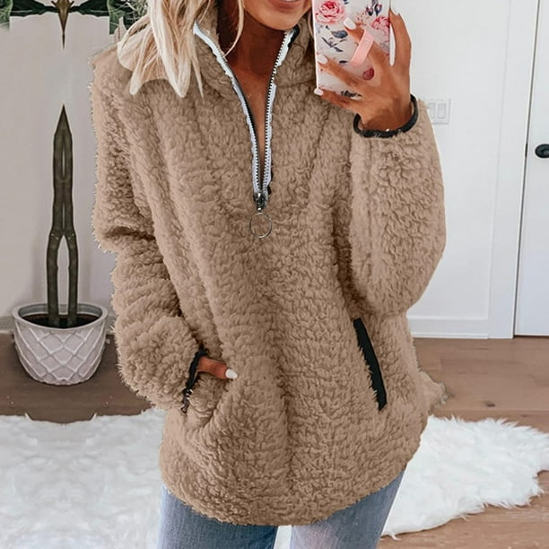 Puntoco Mujer Nuevo Otoño e Invierno Solapa Cremallera Bolsillo Manga Larga Mujer Top Color Sólido Sudadera De Felpa Puntoco Puntoco-3010