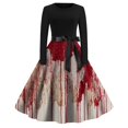 thumbnail image 2 of WTOBBY Women's Stylish Round Neck Casual Slim Fit Halloween Printed Swing Dress with Long Sleeves, Flared Hem, and Retro Design for Party Fashion ,Deep Red 2XL, 2 of 6