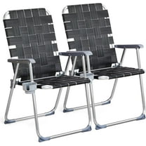 YEXJ Aluminum Patio Lawn Chairs Folding Set of 2 with Detachable Cup Holder, Webbed Beach Chair Folding Chair Outdoor Portable Camping Chair for Yard, Garden, Standard-2P, Black