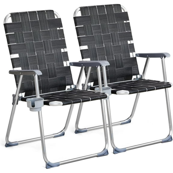 YEXJ Aluminum Patio Lawn Chairs Folding Set of 2 with Detachable Cup Holder, Webbed Beach Chair Folding Chair Outdoor Portable Camping Chair for Yard, Garden, Standard-2P, Black